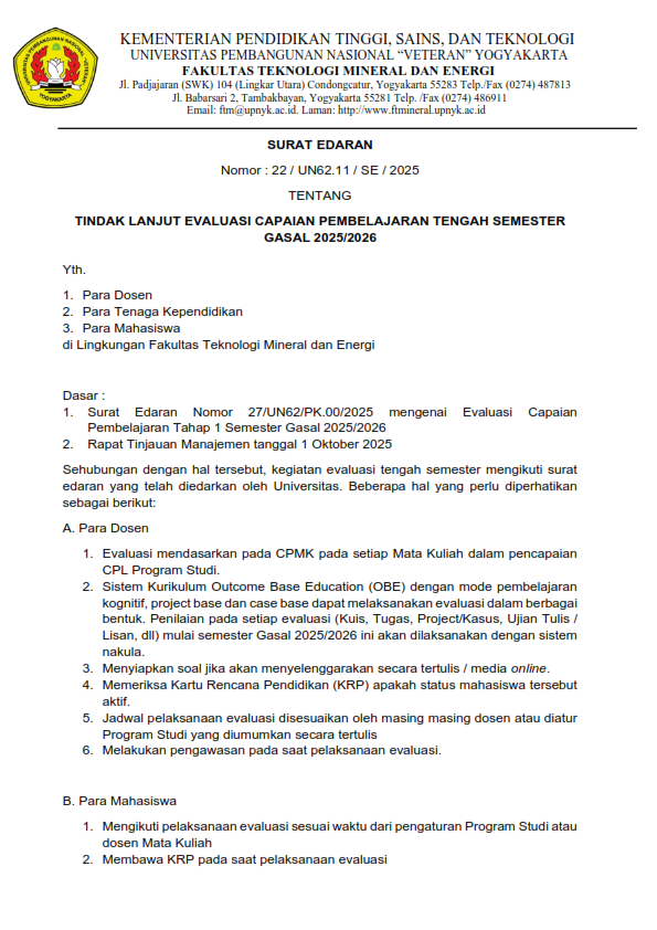 SE No. 22/UN62.11/SE/2025 Tentang Tindak Lanjut Evaluasi Capaian Pembelajaran Tengah Semester Gasal 2025/2026