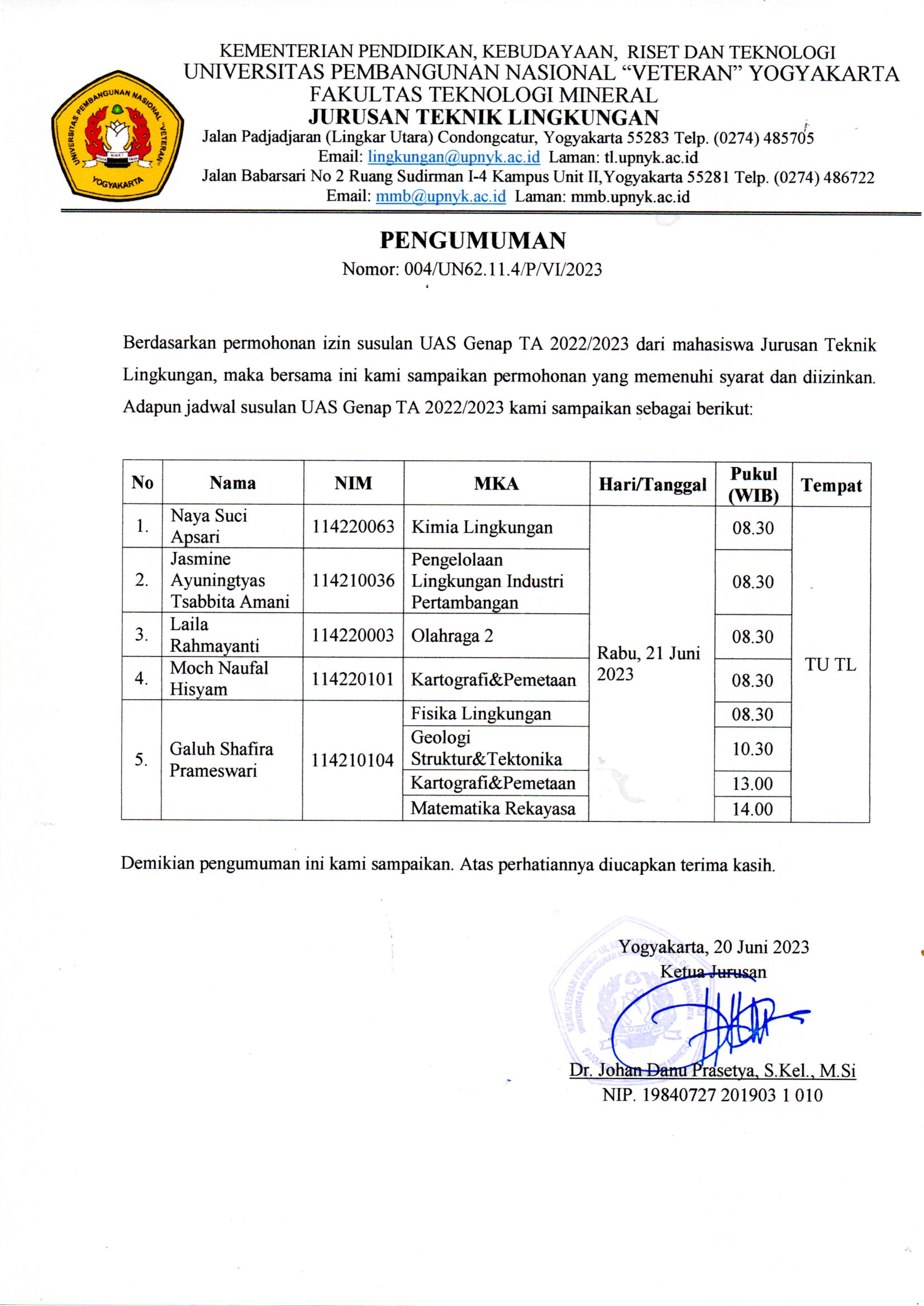 Program Studi Teknik Lingkungan